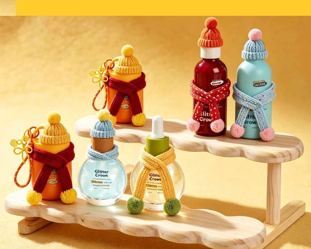 Bottles on wooden display riser with knit accessories